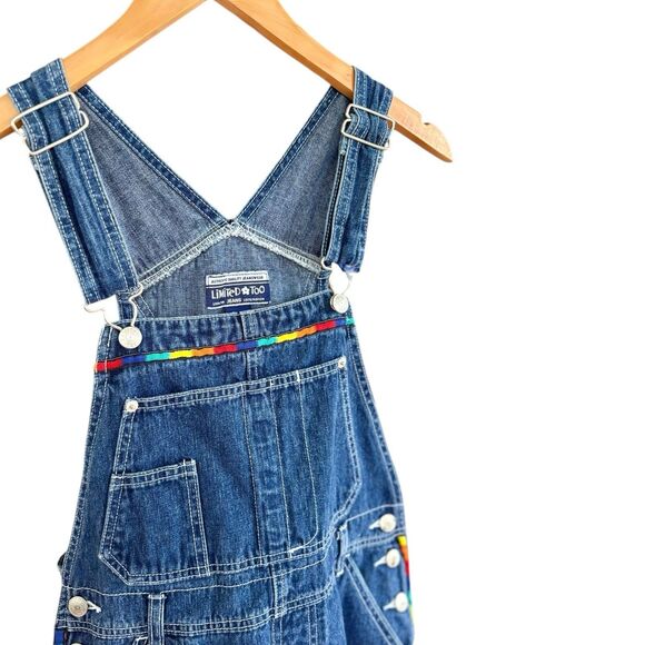 Vintage Limited Too 90s Denim Overalls Juniors 3 Blue Rainbow Trim Y2K Grunge - Picture 3 of 10